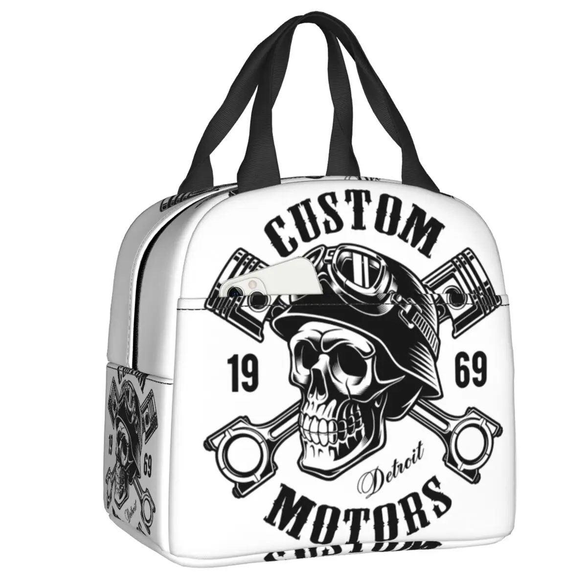 

Skull Biker Thermal Insulated Lunch Bags Women Portable Lunch Tote for Kids School Children Multifunction Food Box