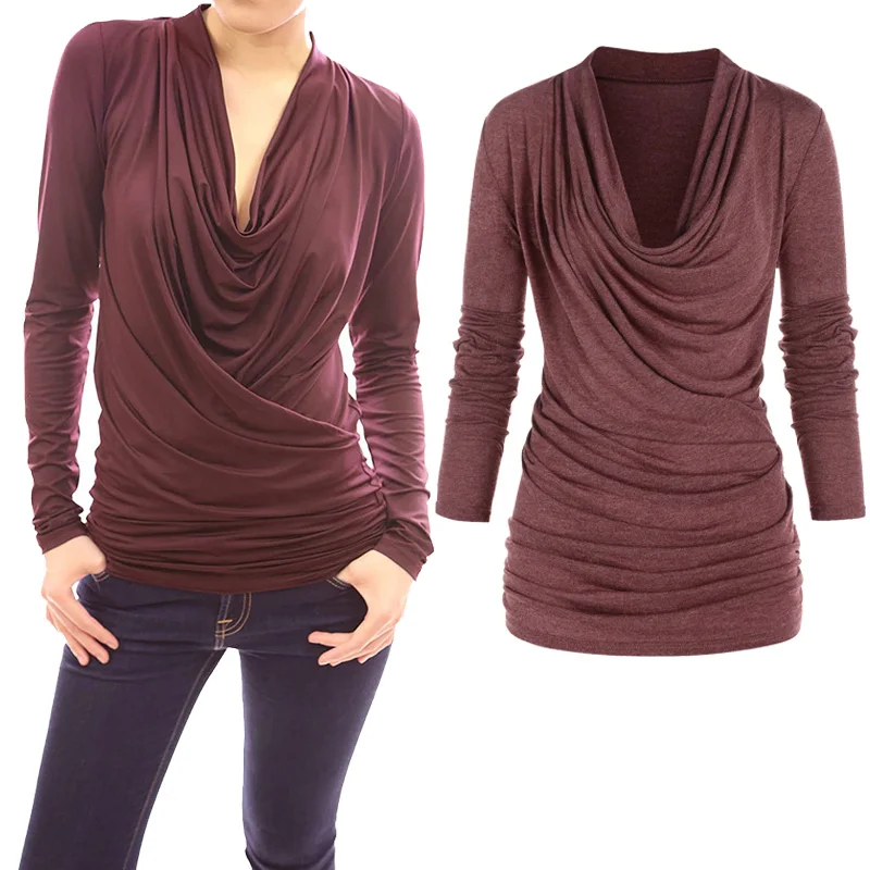 

XXXL Women Draped T Shirt 2022 Autumn Casual Heather Ruched Cowl Neck Long Sleeve Tops Blouses Deep Red Tees