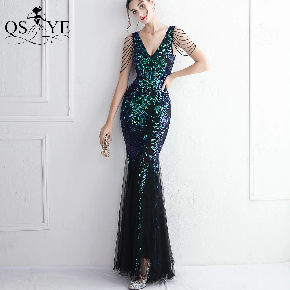 

Peacock Green Mermaid Evening Dress Beading Straps V Neck Floral Lace Prom Gown Tulle Bottom Sequin Appliques Formal Party Dress