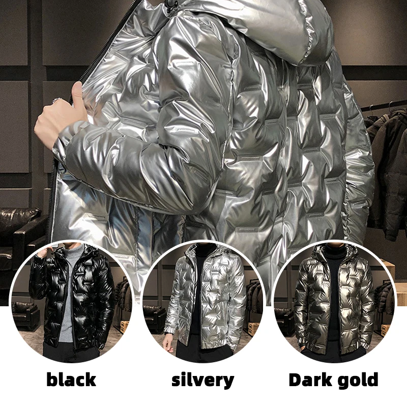 Men's Winter White Duck Down Down Coat Cotton Fashion Luster Quilted Hooded Coat Loose Casual Thickened Zipper Jacket Waterproof