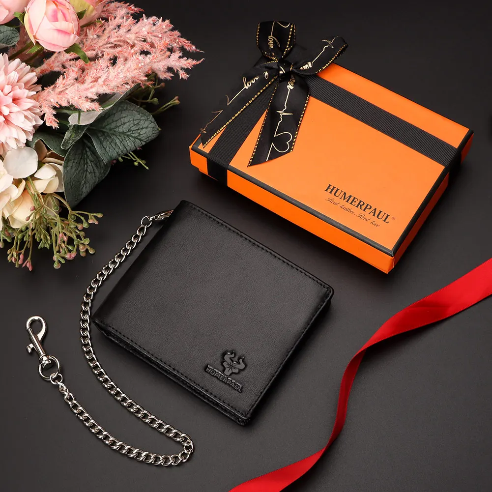 Short Genuine Leather Men Wallet Vintage Large-capacity Credit Card Holder Wallets RFID Protect Purse with Long Anti-theft Chain