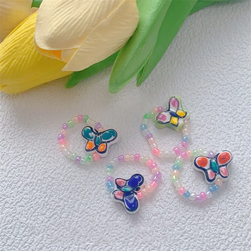 

korean Sweet Resin Pearl hand Beaded Elastic Finger Rings Fashion Colorful Hand Painted Butterfly Ring For Women Party Jewelry