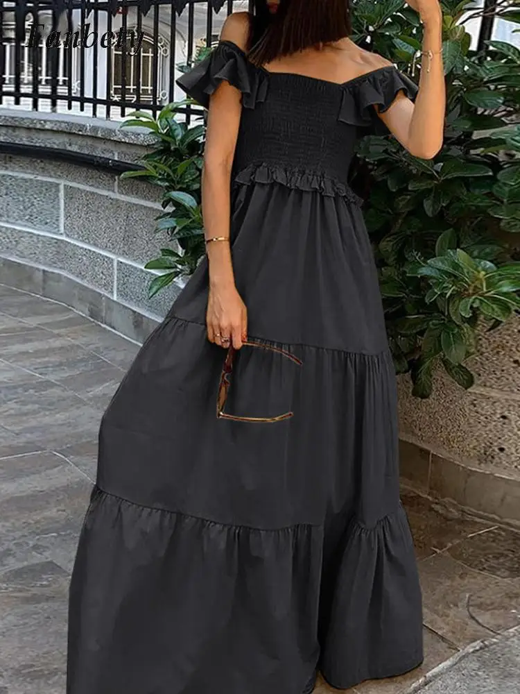 

Летнее платье на одно плечо с оборками и короткими рукавами, милое Плиссированное длинное платье с открытыми плечами, повседневное праздни...