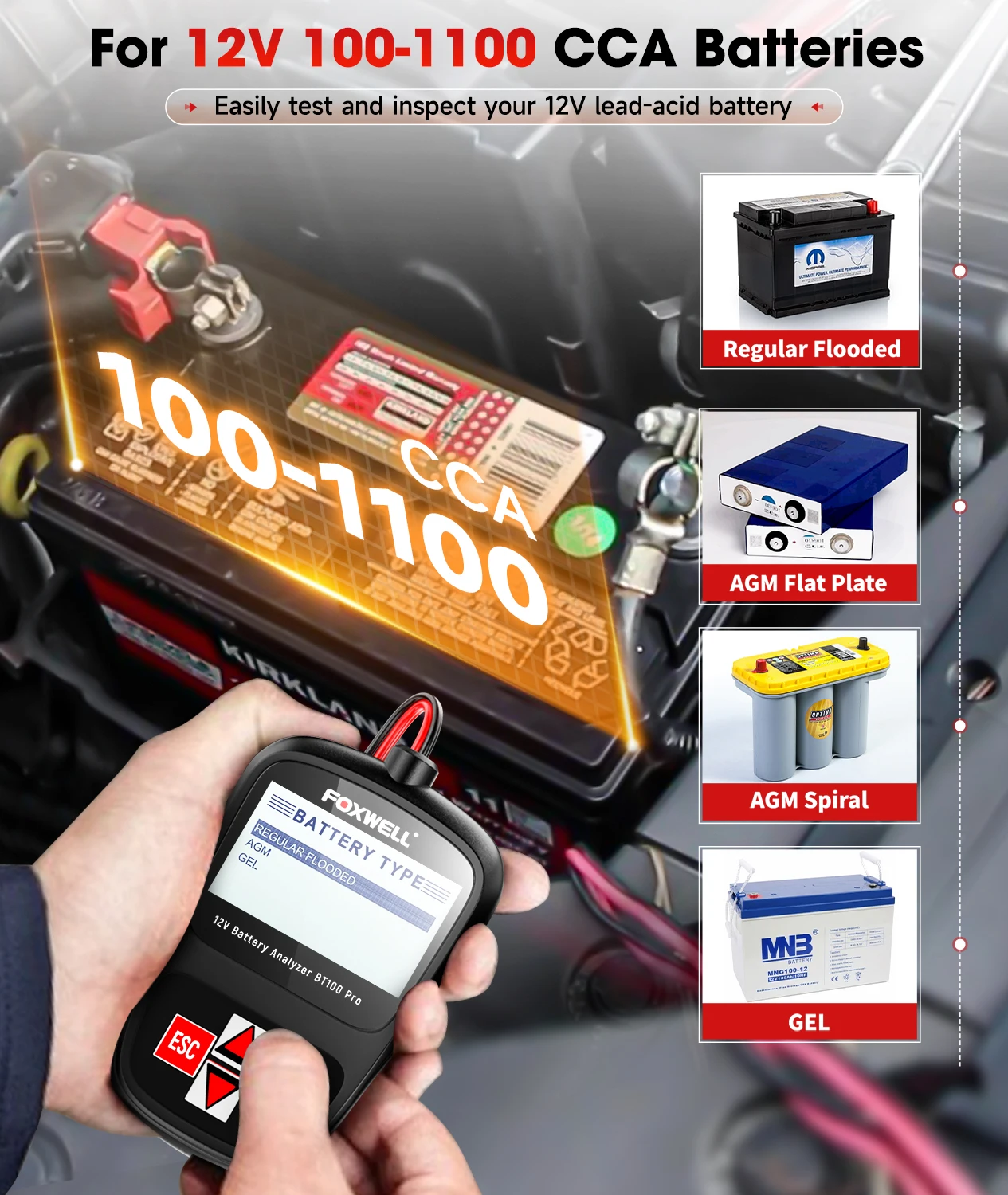 FOXWELL BT100 PRO тестер автомобильного аккумулятора 6 В 12 для Flooded AGM GEL 100 до 1100CCA 200AH