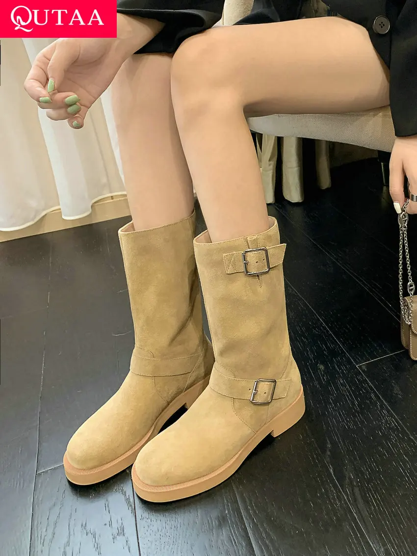 

QUTAA 2023 Sexy Fashion Women Mid Calf Boots Round Toe Med Heel Autumn Winter Cow Suede Shoes Woman Stretch Boots Size 34-39