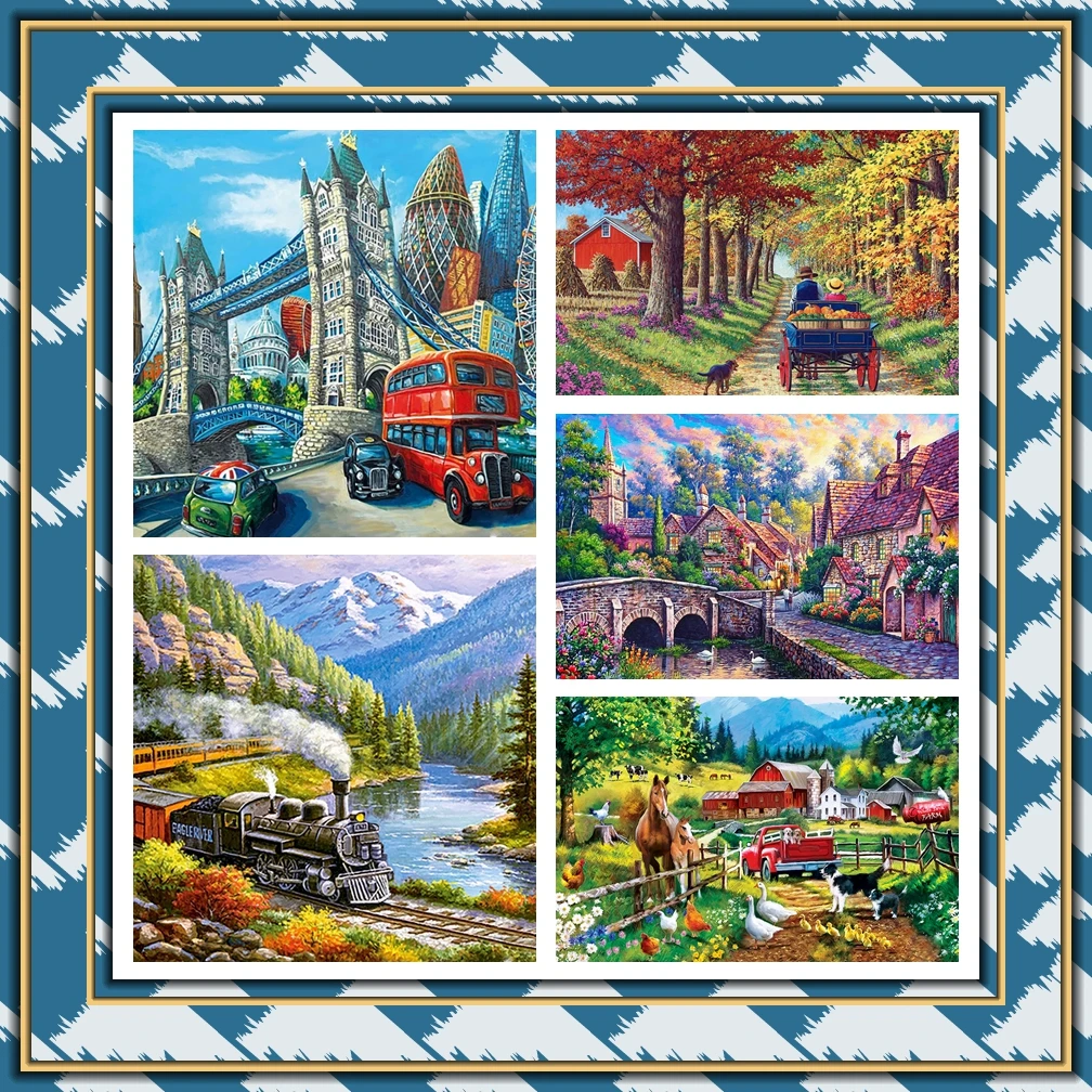 

Landscape DIY 5D Diamond Painting Carriage Train Villa Mosaic Landscape Diamond Embroidery Picture Rhinestone Home Decor Gift