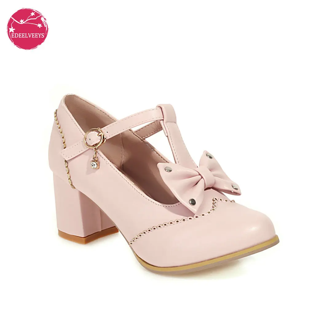 

Women Mary Janes Pumps T-Strap Girls High Heels Shoes Sweet Bowtie Lolita Buckle Strap Wedding Bridal Cosplay Party Pink White