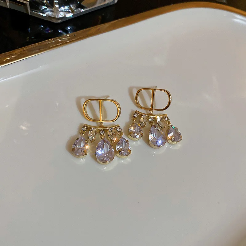 

South Korean Fashion East Gate Trend 925 Silver Needle Letter D Water Drop High Sense Tassel Temperament INS Earrings