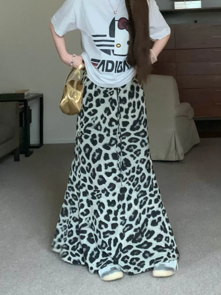 Gaganight Женская Ретро серая леопардовая длинная юбка с принтом рыбий хвост летняя