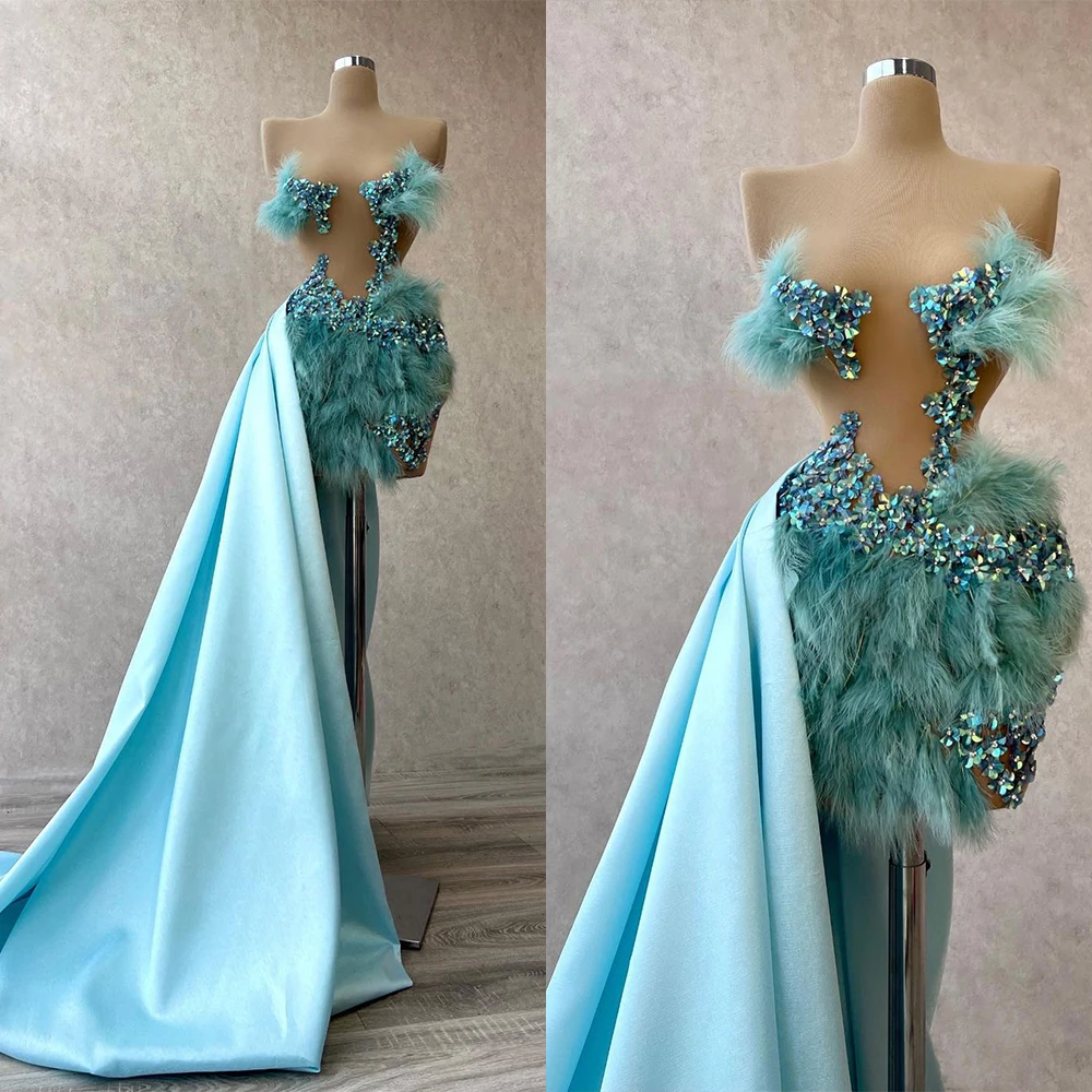 

Modest Sky Blue Feathers Cocktail Dresses Sheer Neck Sleeveless Prom Dress Custom Made with Train Sequined Wear