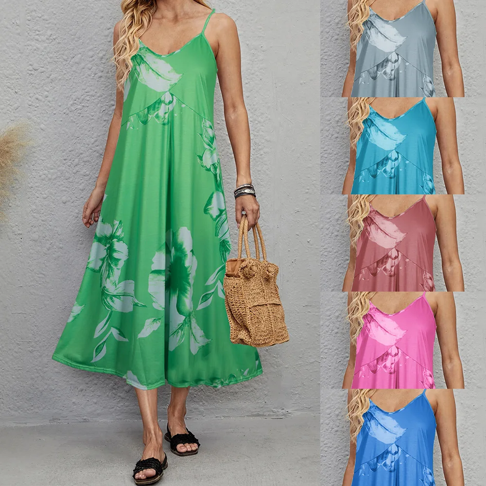 

Women Sexy Long Dress Summer Sleeveless Boho Floaral Dress Spaghetti Strap V Neck Casual A-Line Beach Dress Vestidos Mujer