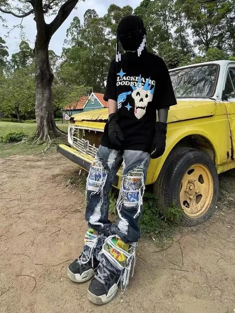 Y2K Emo Vintage Streetwear Embroidered Ripped Straight Gothic Pants Hip Hop Grunge Jeans for Men Denim Trousers Alt Clothes
