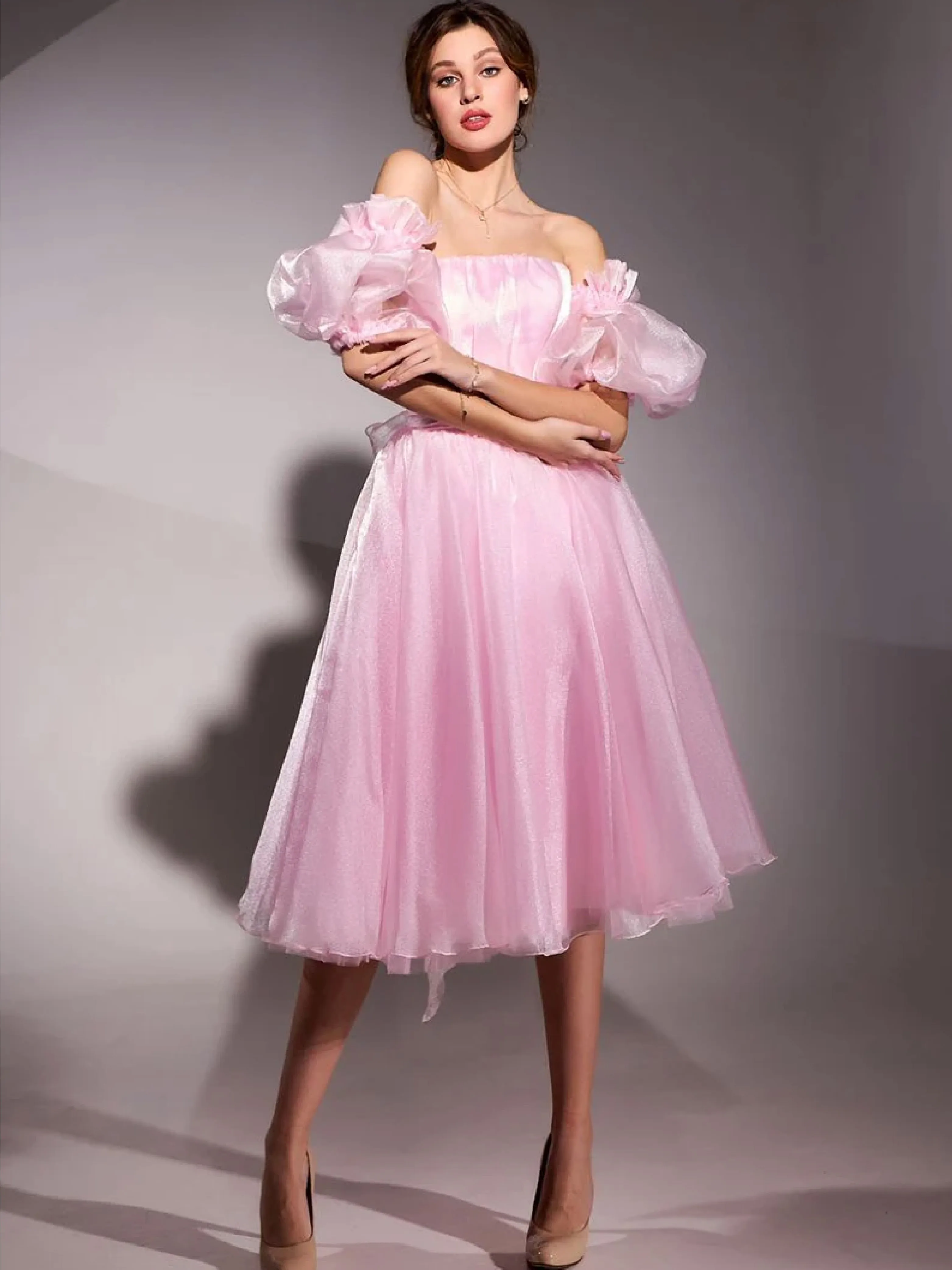 

Modest Tea Length A Line Evening Cocktail Dress Luxury Pink Tulle Off Shoulder Sexy Party Women Puff Sleeves Prom Ball Gown