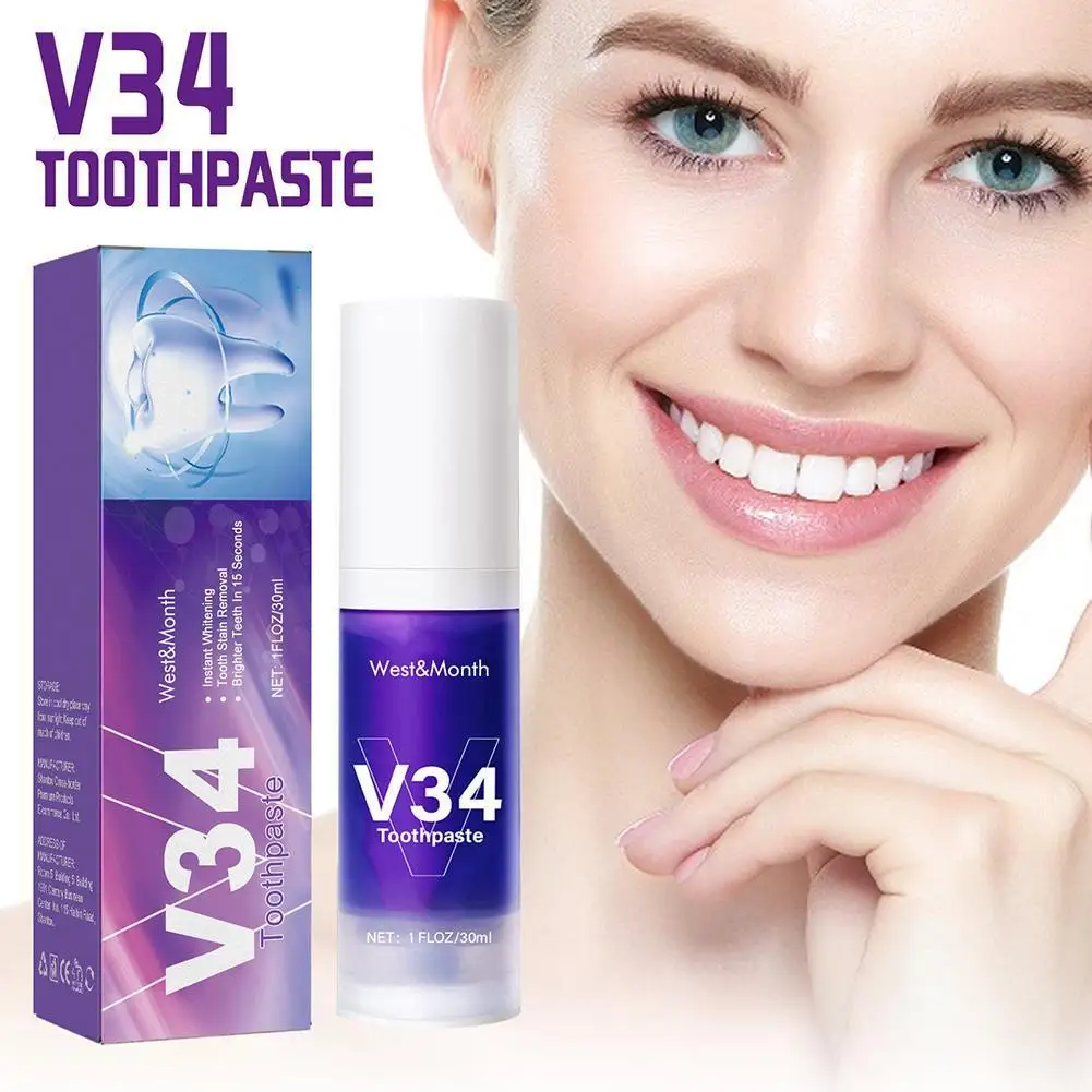 

30ml V34 Whitening Purple Color Corrector Toothpaste Gum Stain Deep Yellow Care Oral Cleaning Remove Q4E6