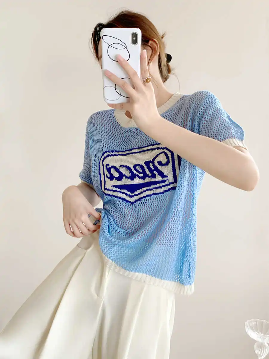 Hollow Contrast Color Letter Knitted Short sleeve T-shirt Women Summer New Loose All-Match Casual Half Sleeve Shoulder Top