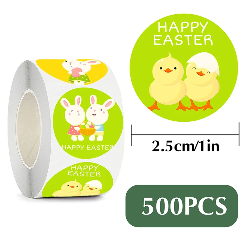 

500Pcs Round Easter Stickers Roll Happy Easter Egg Bunny Sticker For Kids Easter Party Decoration Gift Bag Box Holiday Labels