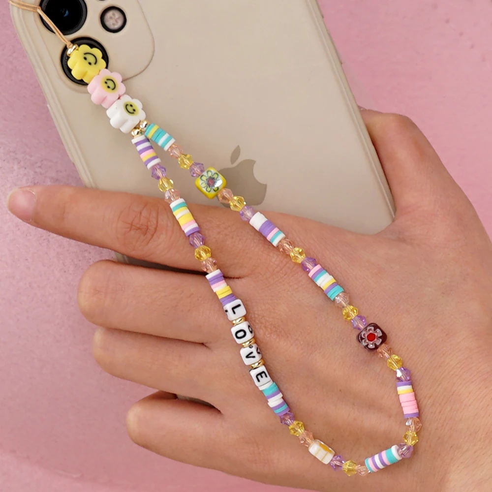 

YASTYT Phone Chain Lanyard Beads Mobile Phone Heishi Disc Crystal Beaded Cell Phone Chains 2023 LOVE Letter String Wristband