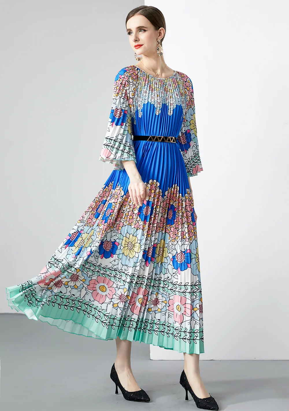 

Pleated Floral Maxi Flower Party Long Dress For Women Large Hem 2023 Summer Autumn VestidosEvening Long Outfits Beach Wear