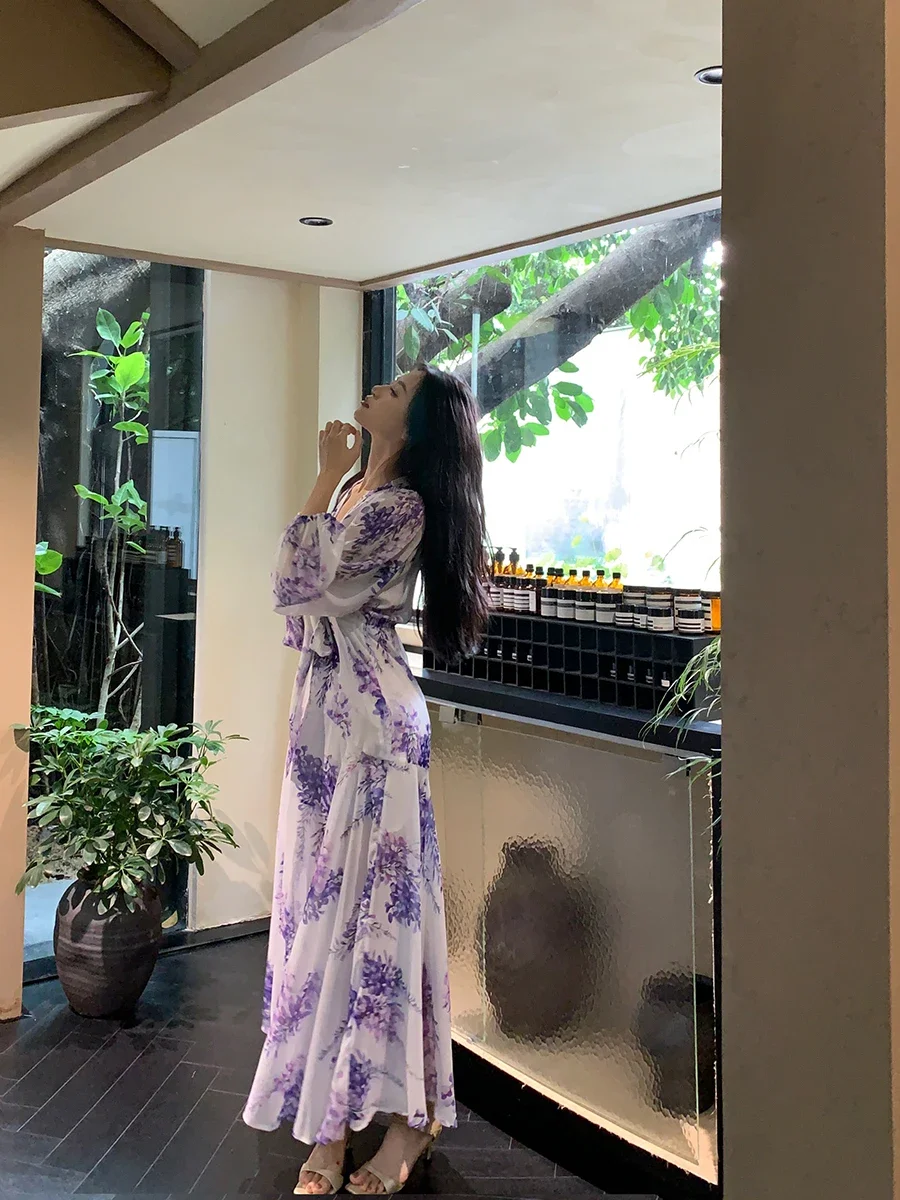 Gaganight женское фиолетовое высококлассное платье с V-образным вырезом принтом 2024