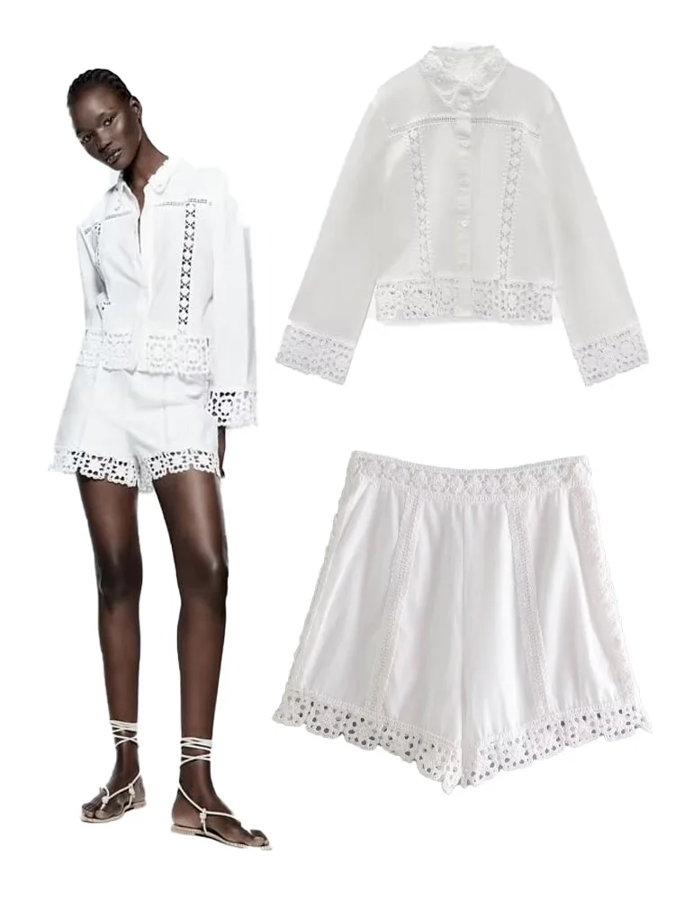 

New women's retro fashion white hollow crochet stitching small lapel shirt + shorts with the same fabric