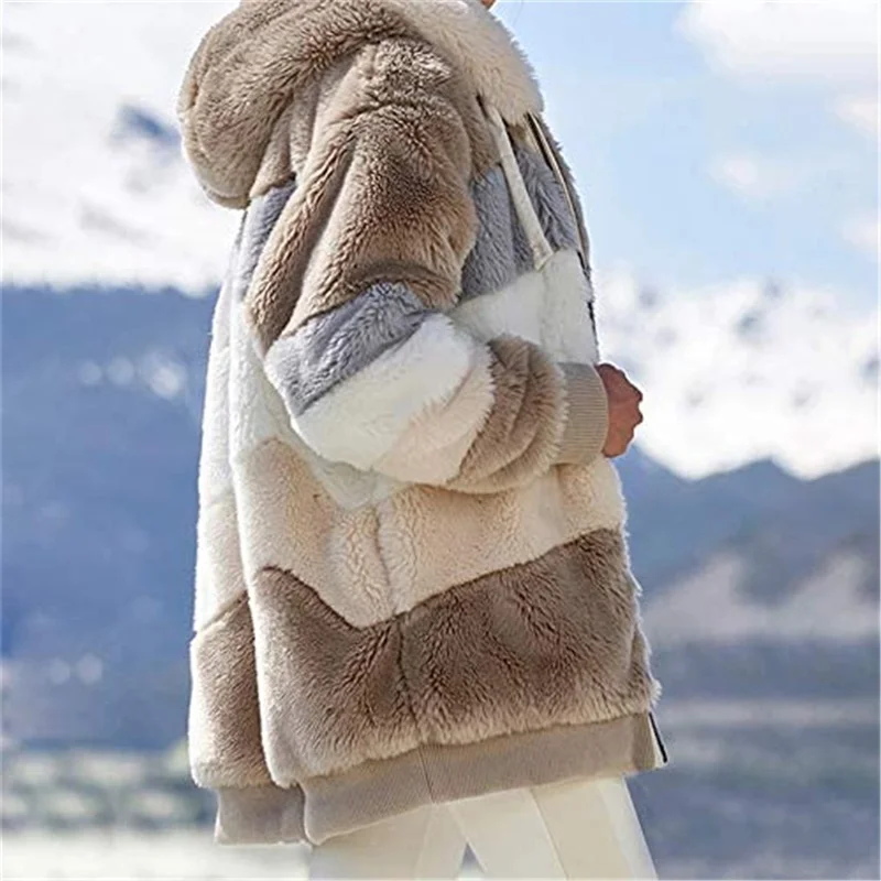 Women Hooded Jackets Winter Fleece Warm Zipper Casual Patchwork Coats Faux Fur Long Cardigan Jacket Womens Relaxed Warm Outerwer