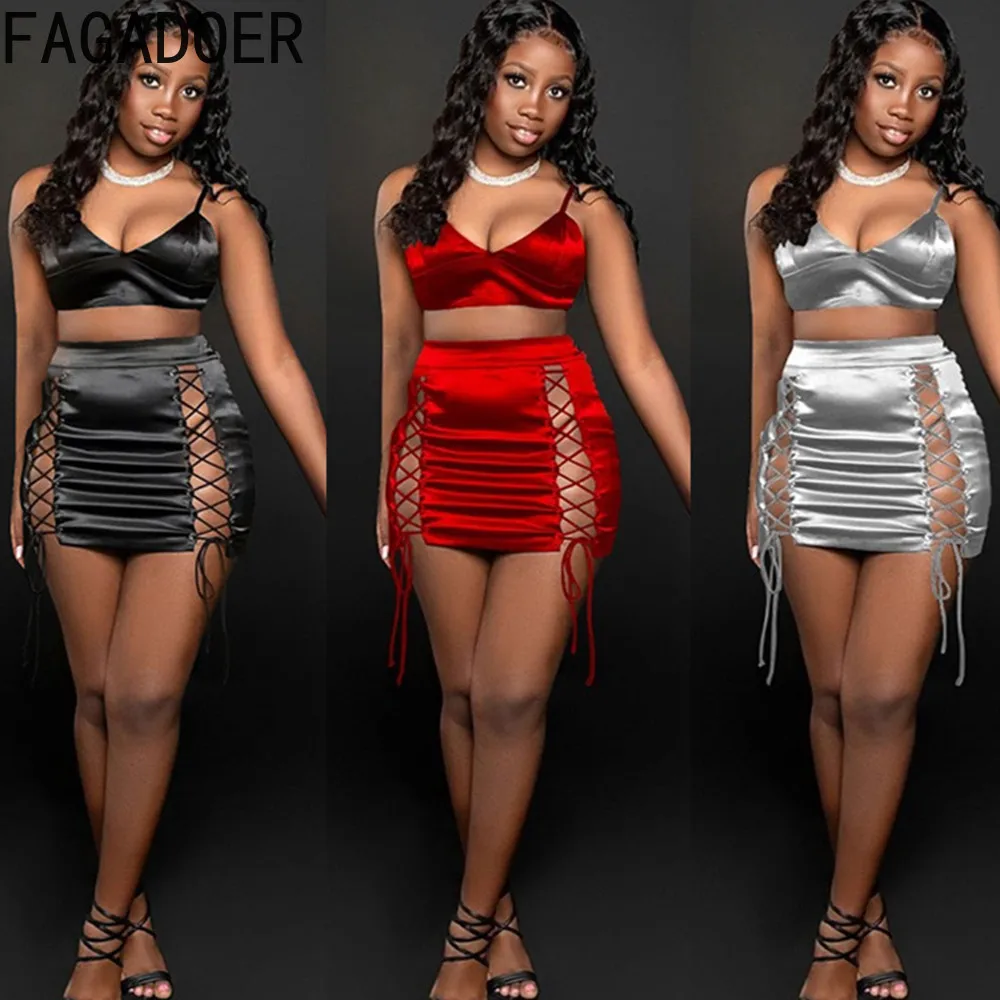

FAGADOER Sexy Hollow Bandage Mini Skirts Two Piece Sets Women V Neck Thin Strap Crop Top And Skirt Party Nightclub Clothing 2023
