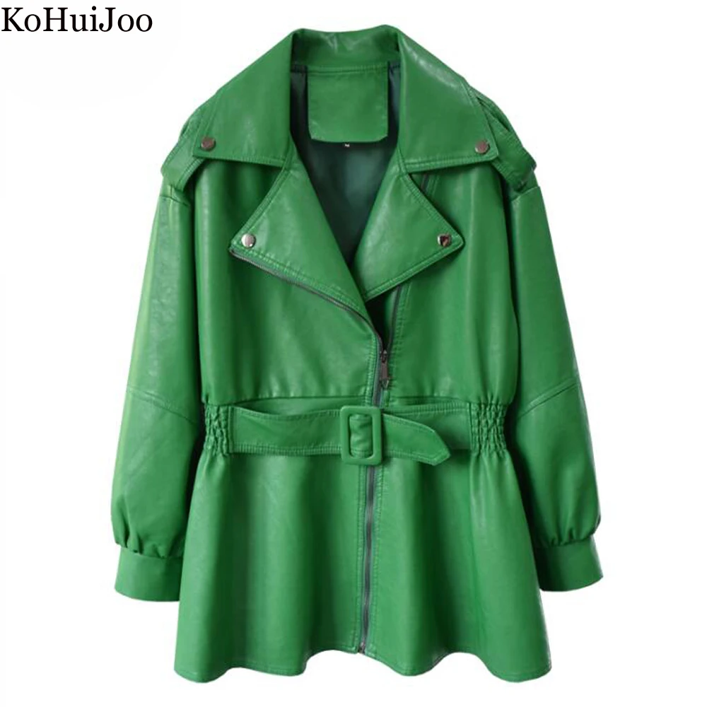 KoHuiJoo Faux Leather Jacket Women 2022 Korean Style Fashion Slim Tailored Collar Epaulet Zipper PU Leather Coat Trench Green