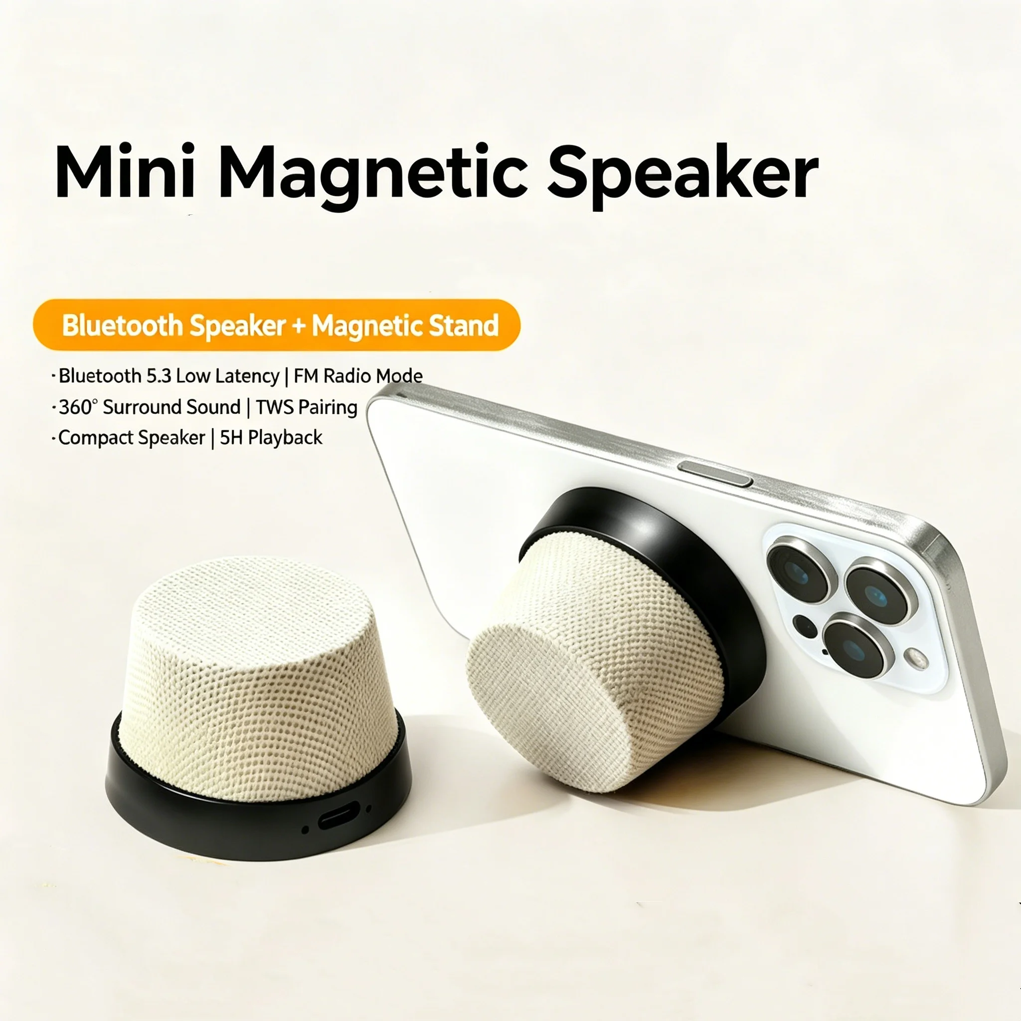 Фото Магнитная мини-колонка 2-в-1 с Bluetooth и подставкой для телефона, портативная беспроводная колонка в тканевом корпусе для путешествий на природе №1