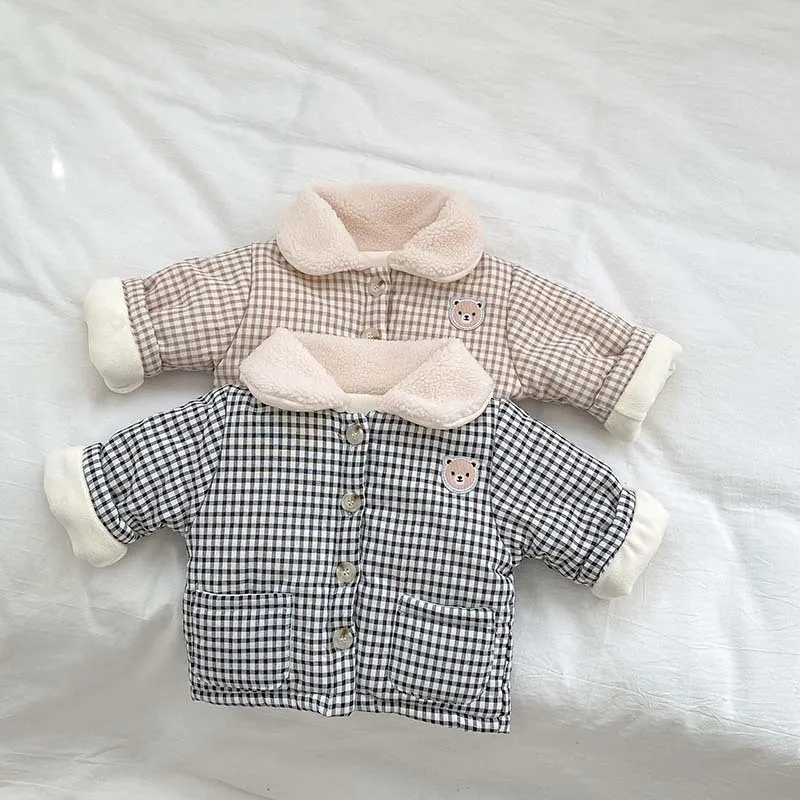 

Baby Coat 2022 Winter New Korean Cartoon Plaid Cotton Padded Boy's Coat Lapel Girl's Fleece Thicken Warm Jacket Tops