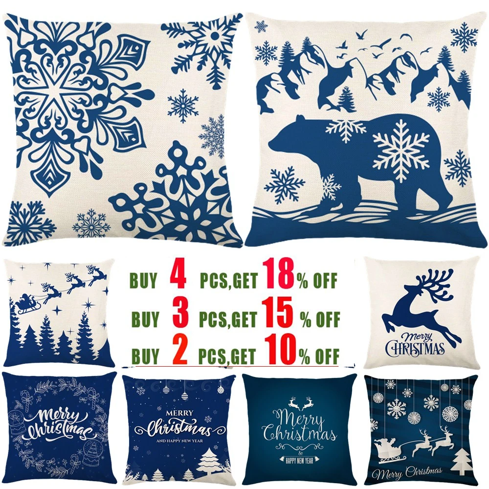 

Blue Christmas Decorations Cushion Cover Print Bear Snowflower Elk Santa Tree Merry Christmas Letter Linen Pillow Case New Year