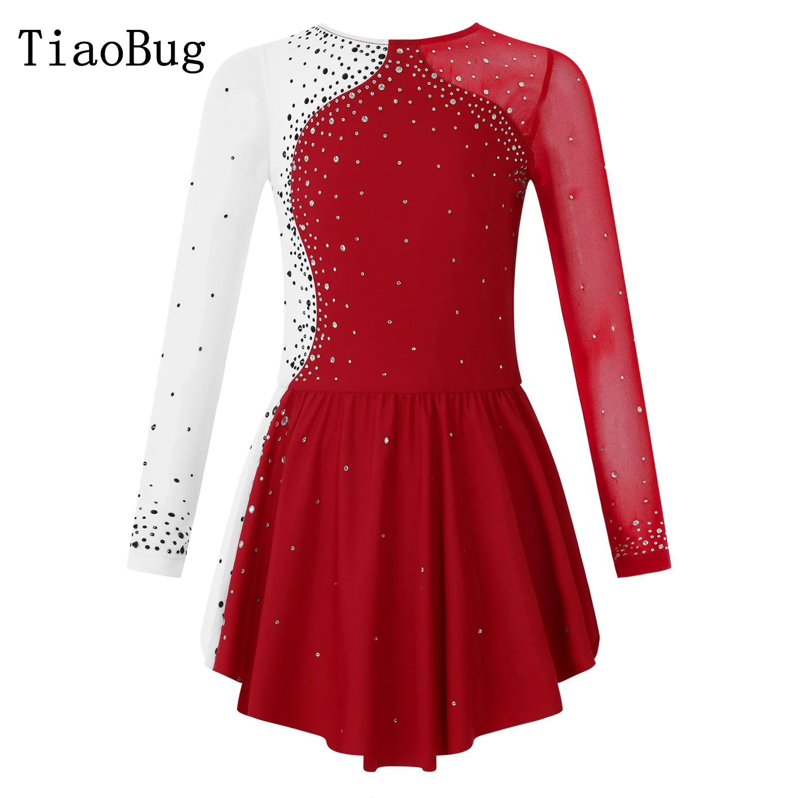 

Kids Girls Ballet Dance Dress Stylish Clothing Long Sleeve Round Neckline Shiny Rhinestone Decorated Patchwork Contrast Color