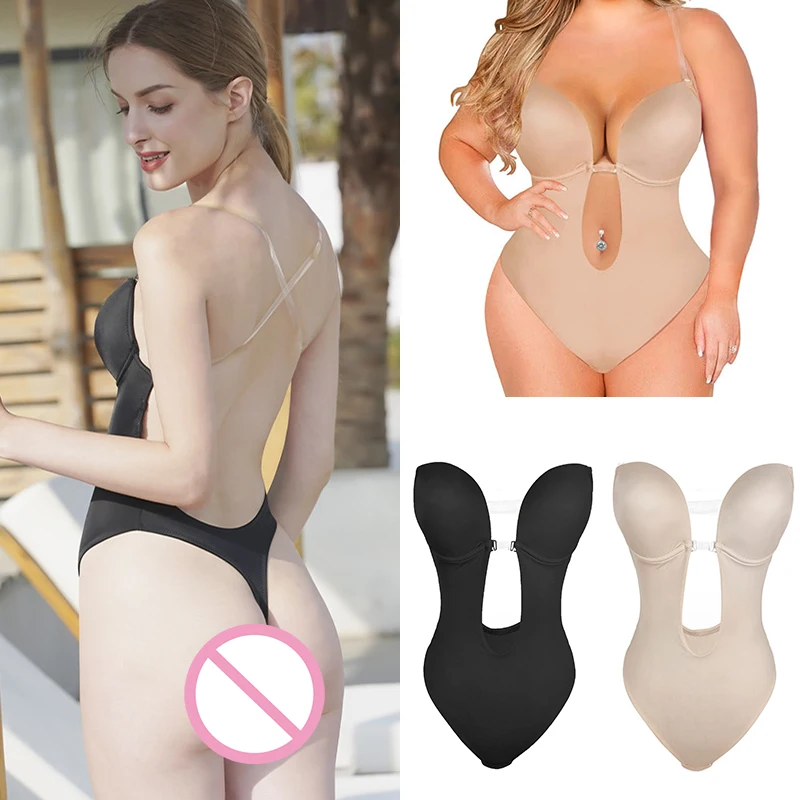 

Backless Underwear for Women U Plunge Thong Strapless Bra Push Up Shaper Invisible Corset Deep V-Neck Sexy Bodysuit Open Crotch
