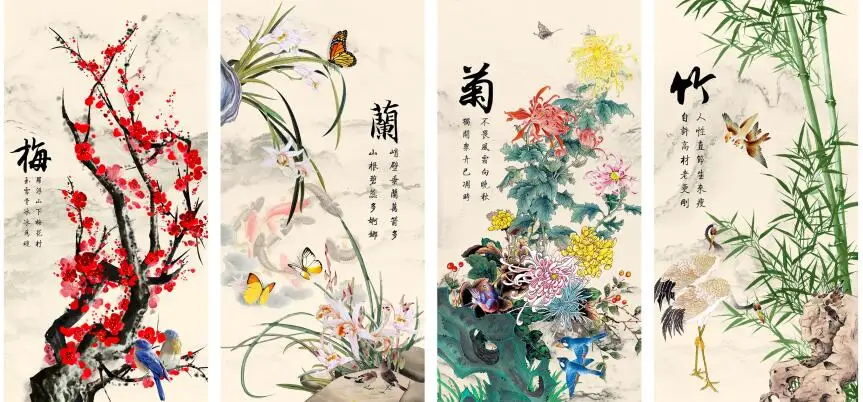 

MT0088 Chinese Style Orchid Bamboo Chrysanthemum Bird Print Art Canvas Poster For Living Room Decoration Home Wall Picture