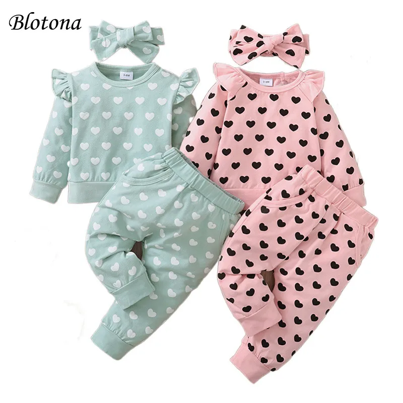 

Blotona Newborn Baby Suit Girl Boy Heart Print Crew Neck Long Sleeve Pullover Top+Long Pants+Hairband 3Pcs Outfits 3-24Months