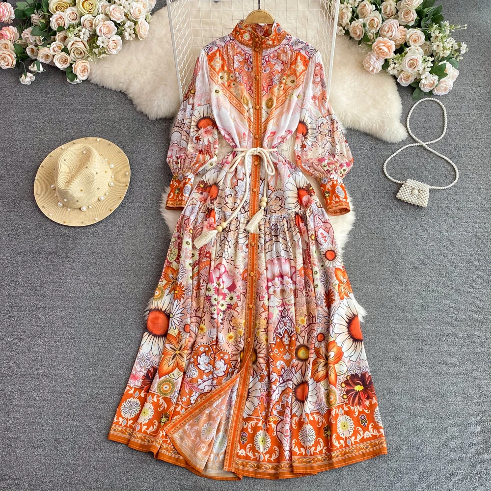 

Vintage Courtly Style Standing Collar Bubble Long Sleeve Waist Slimming Printed Single Breasted Dress