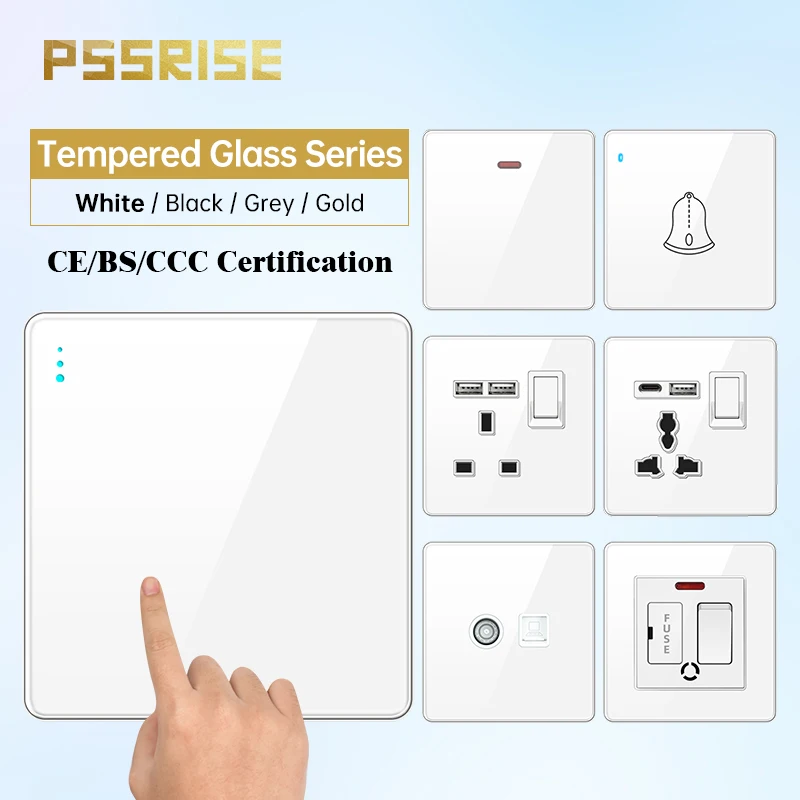 

PSSRISE EU UK Wall Switch Socket with 5V 3.1A USB Type-c Fast Charger Full Tempered Glass Panel Light Switch TV TEL Power Outlet