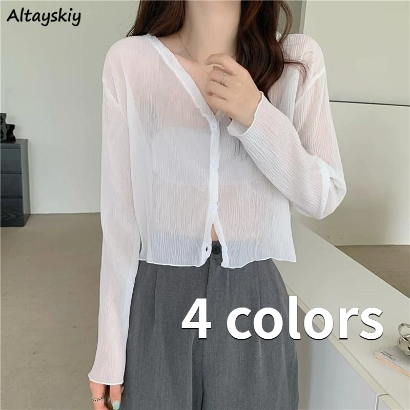 

Sun-proof Jackets Women See-through Cropped V-neck Tender Summer Minimalist Vacation Breathable Thin Outwear All-match Fashion