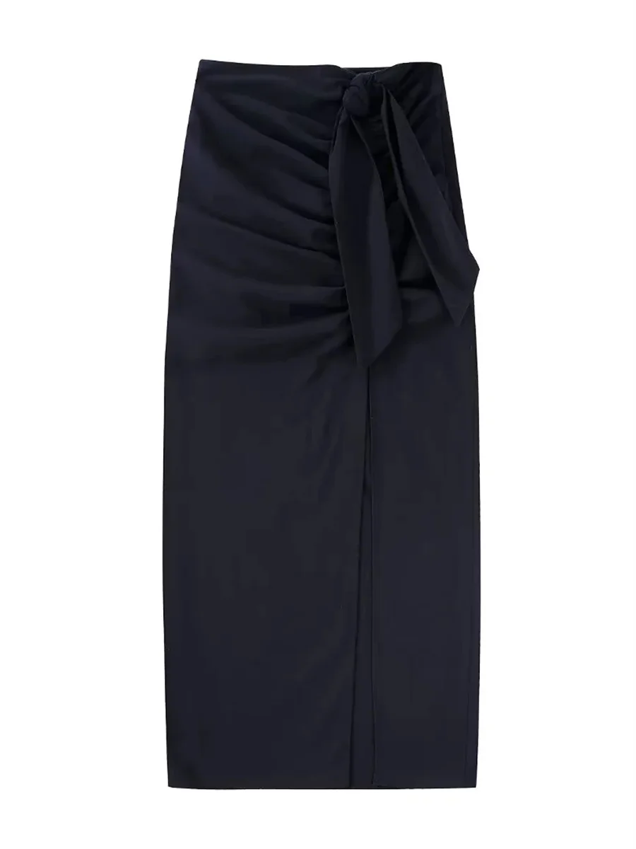 

Women Fashion Black Pleated Front Bow Tied Skirts 2022 Summer New Slit Sheath High Waist Elegant Office Lady Female Falda