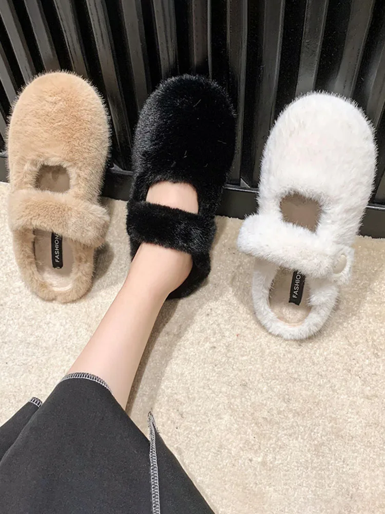 

Shoes Ladies' Slippers Slipers Women Low Shallow Cover Toe Fur Flip Flops Flock 2023 Flat Plush Autumn Rubber Slides with fur