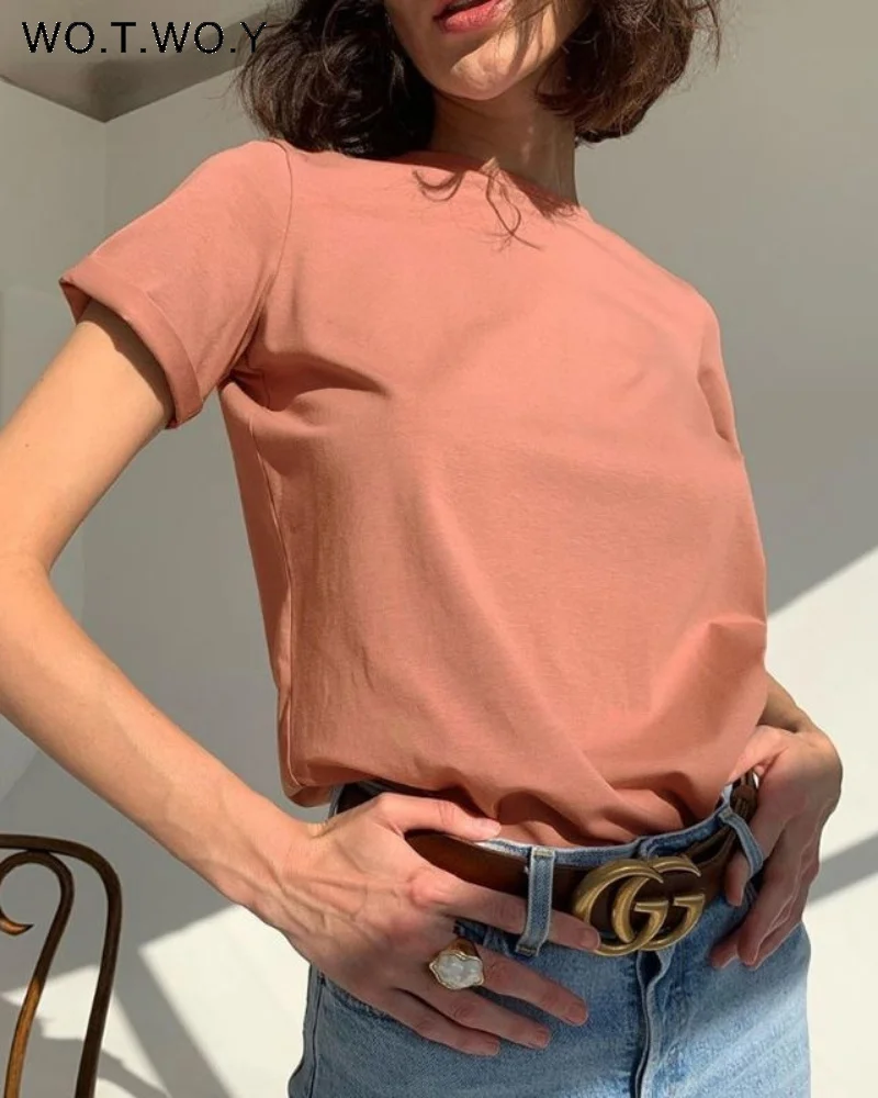 

WOTWOY Casual Cotton Basic T-shirt Women Loose Short Sleeve Knitted Tee Shirts Female Solid Tees Ladies Summer Tops Harajuku New