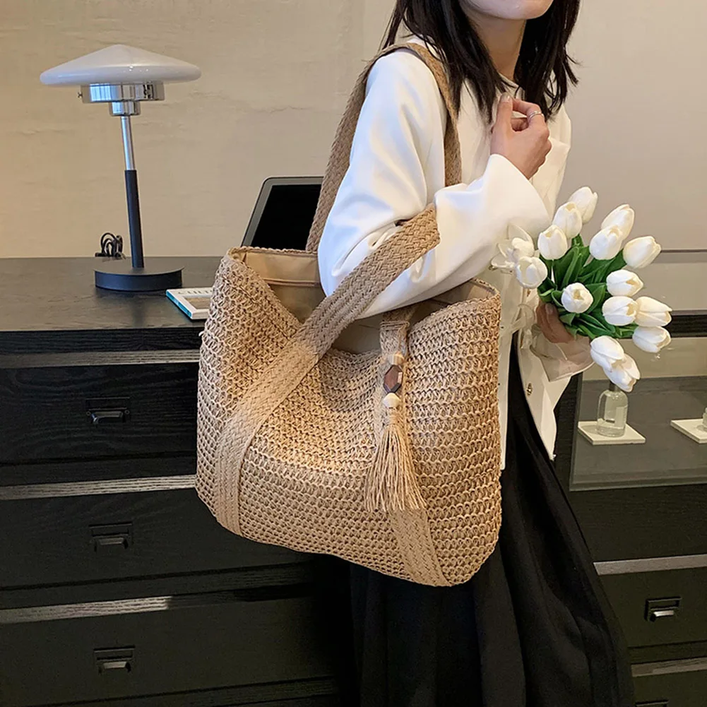 

Elegant Ladies Straw Woven Handbag Women Holiday Beach Commute Casual Tote Top-Handle Bags Fashion Retro Shoulder Bags Bolsas