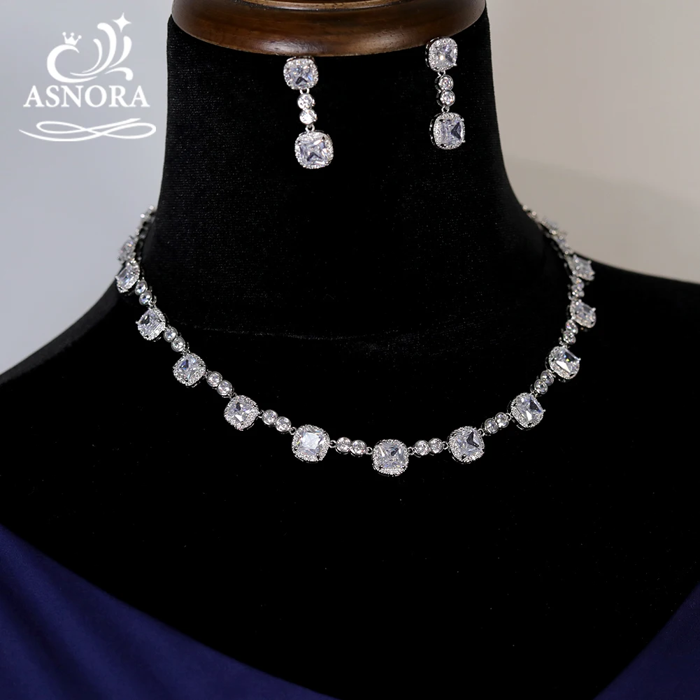 

ASNORA Classic Blue Color Square Stone Round 2-piece Necklace Cubic Zirconia Stone Women Wedding Accessories Bride Jewelry Set