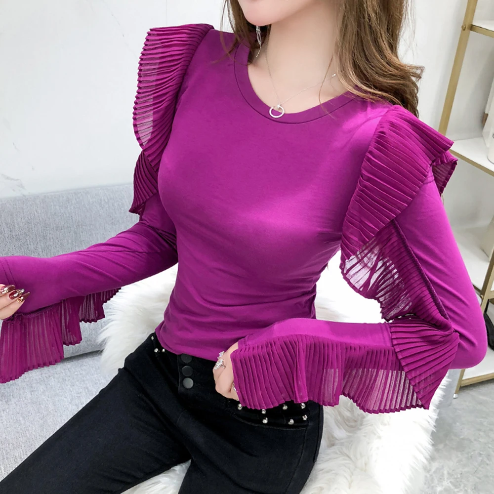 

Fall Winter European Clothes T-shirt Fashion Sexy Off Shoulder Ruffles Cotton Women Tops Ropa Mujer Long Sleeve Tees New