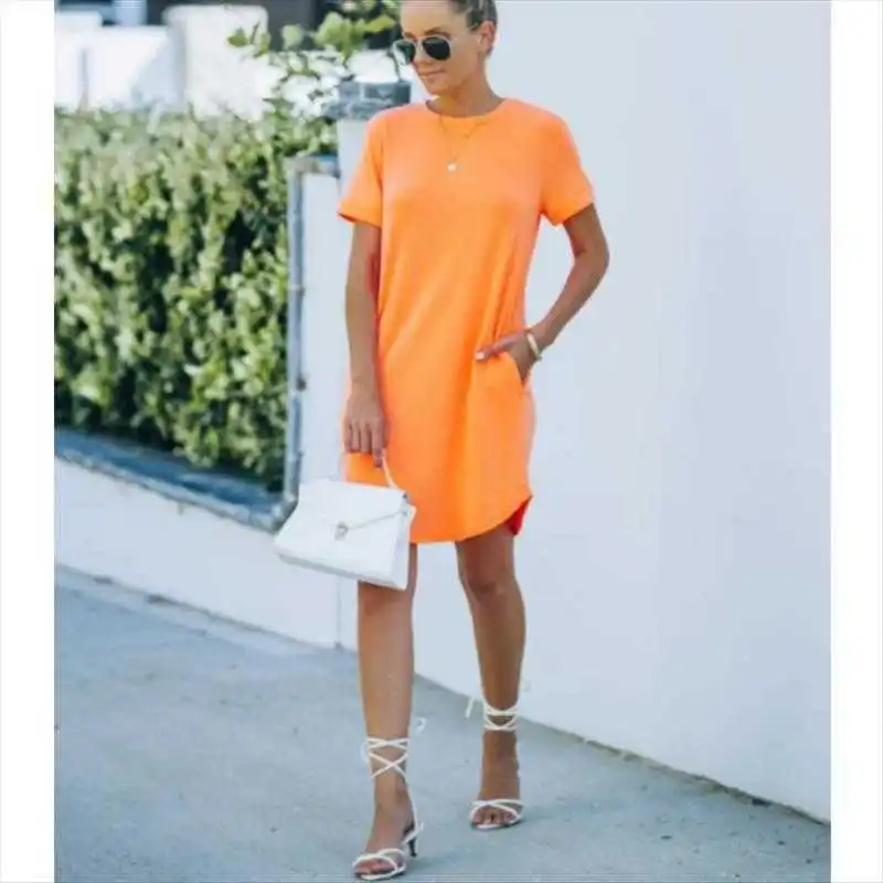 

Summer Womens Clothing Dresses Solid Color Round Neck Loose Mid Length Dress