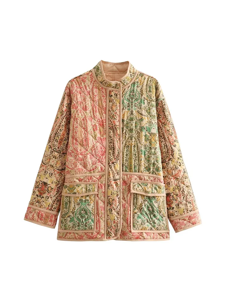 

Женская Стеганая стеганая куртка PB & ZA, винтажная Повседневная универсальная верхняя одежда на пуговицах с принтом, шикарная верхняя одежда