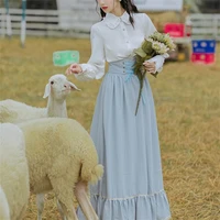 rural elegant lolita womens outfits vintage collar lantern sleeve white shirt and bandage stripe long skirt 2 pieces medieval