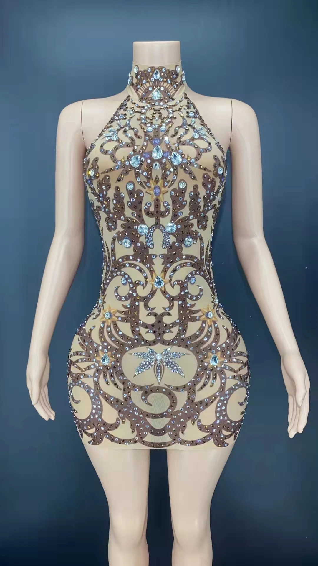 

Sexy Mesh, jewel, sleeveless, backless, hip, dress, short skirt, party dress