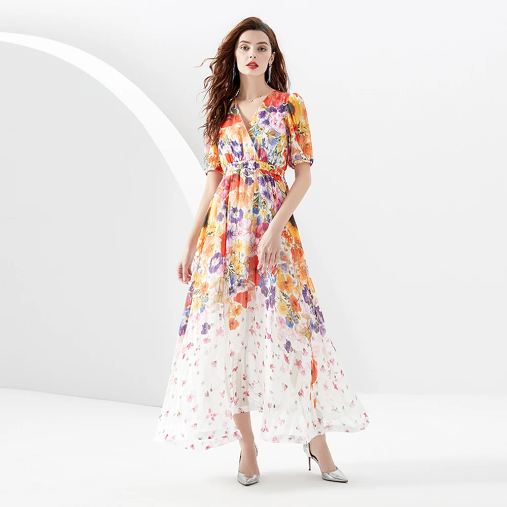

Fashion Runway Gorgeous Flower Chiffon Beach Dress Summer Women V Neck Puff Sleeve High Waist Holiday Party Vestidos M6688