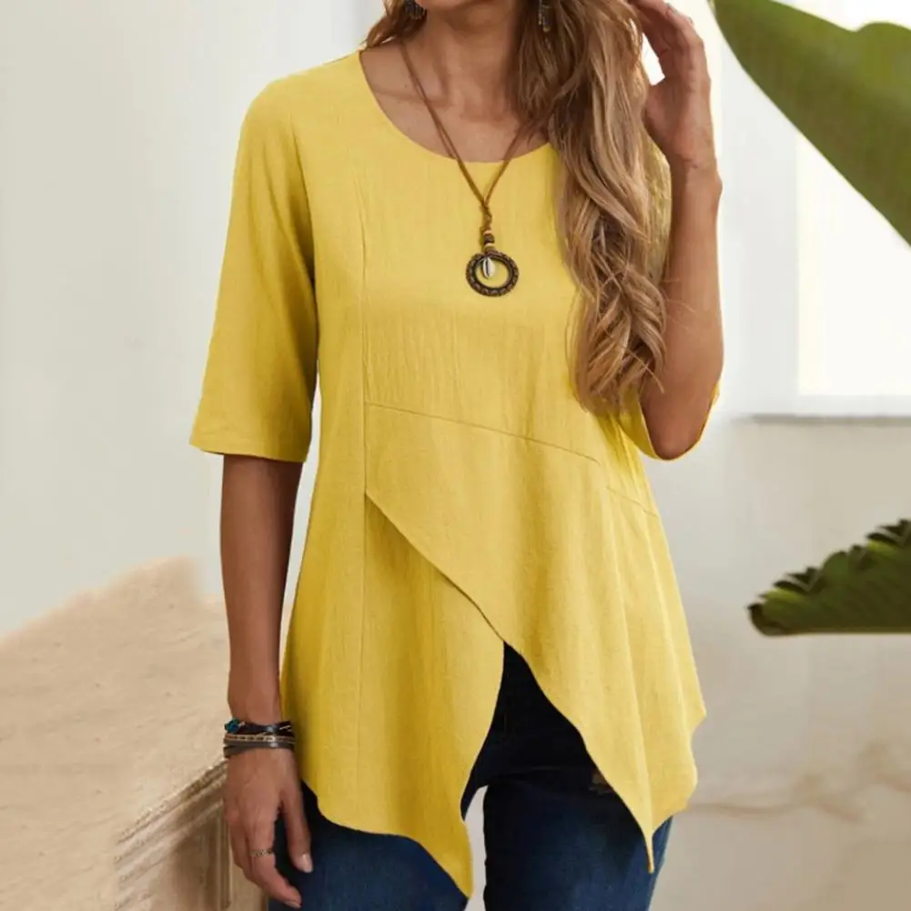 

Summer Half Sleeve Blouse Women Casual Elegant V Neck Solid Shirt Loose Irregular Hem Tops Tunic Office Chemise