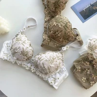 light luxury underwear womens flower embroidery lace steel ring top support small chest gather insert cushion adjustment bra